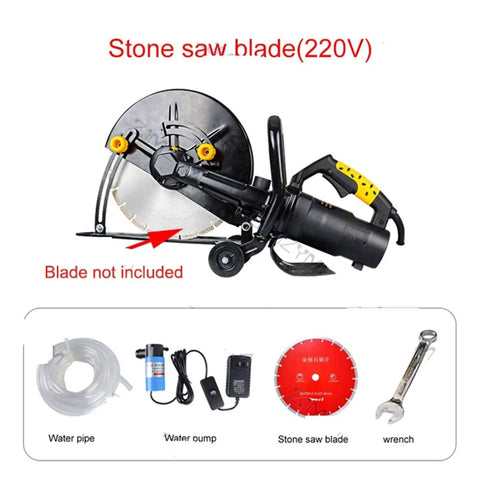 Heavy Duty 6800W Electric Circular Saw With Smooth Angle Adjustments For Easy Wood Metal Stone And Tile Cutting Comes With Blazing Blades Built Like A Tank For Real World DIY Grinds, showing stone blade and accessories.