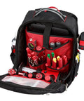 Badass Low Profile Backpack With Twenty Two Pockets And Heavy Load Bearing Harness For Tradesmen Ballistic Canvas Build with tools organized inside.