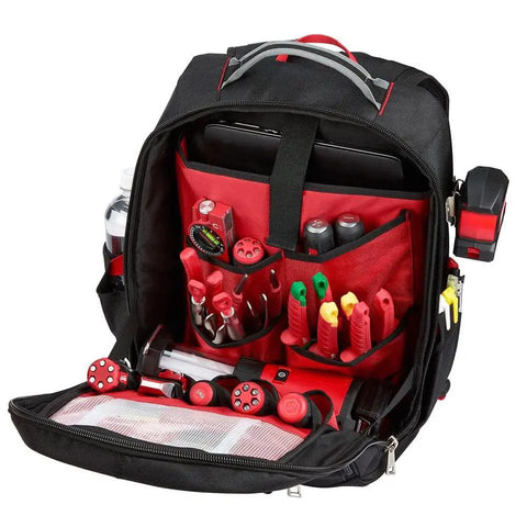 Badass Low Profile Backpack With Twenty Two Pockets And Heavy Load Bearing Harness For Tradesmen Ballistic Canvas Build with tools organized inside.