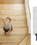 Child climbing stairs with Pre Cut 30x6 Anti Slip Stair Treads 15 Pack With Roller Clear Non Slip Grip Strips visible
