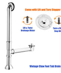 Vintage Claw Foot Tub Drain Kit With Lift And Turn Stopper, Solid Brass Build, 1-1/2 Inch Overflow Assembly, chrome finish and components visible.