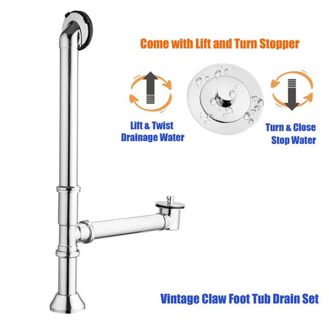 Vintage Claw Foot Tub Drain Kit With Lift And Turn Stopper, Solid Brass Build, 1-1/2 Inch Overflow Assembly, chrome finish and components visible.