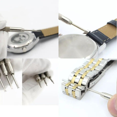 Pro Grade Watch Strap Spring Bar Tools Set, Three Piece Double Tip Pins, High Precision Alloy Steel, 3 Inch Length, in use