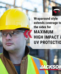 Top Tier Frameless Safety Glasses With Anti Fog Smoke Lenses And Scratch Resistant Coating For Super Comfy All Day Wear Plus Hella Tough Ansi High Impact Eye Protection For Men And Women In Sweet Value Packs Of Twelve worn by a worker in a yellow hard hat and reflective vest.
