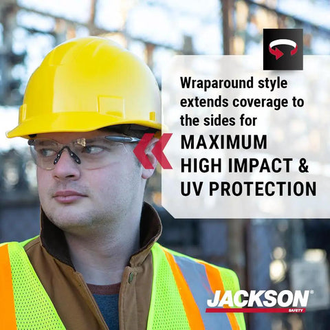Top Tier Frameless Safety Glasses With Anti Fog Smoke Lenses And Scratch Resistant Coating For Super Comfy All Day Wear Plus Hella Tough Ansi High Impact Eye Protection For Men And Women In Sweet Value Packs Of Twelve worn by a worker in a yellow hard hat and reflective vest.