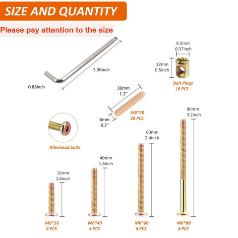 Diagram of Easy Replacement Hardware Kit For Baby Cribs And Home Furniture, showing screw sizes and Allen key