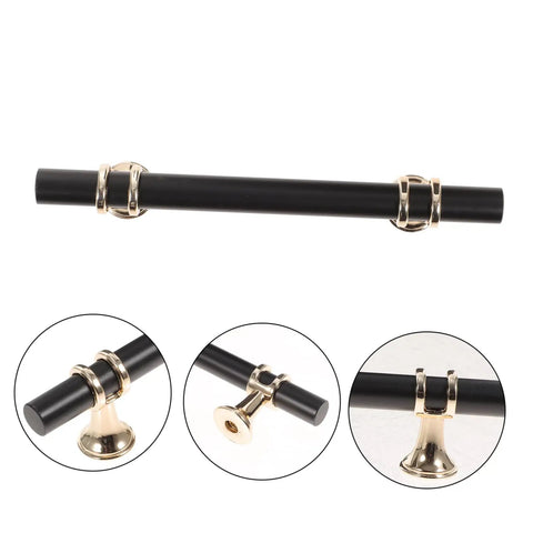 Aluminum Alloy Drawer Handles And Cabinet Pulls Kit in black finish with gold accents, detailed views, for dressers and cabinets