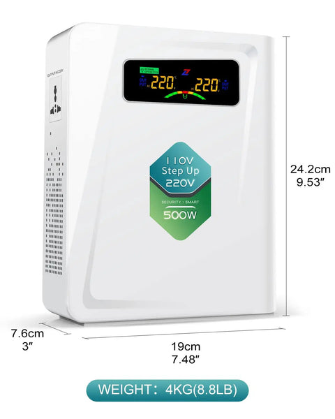 110V To 220V Step Up Transformer 500W With No Noise, Ten Protection Functions, CE and CQC Certified, compact white design