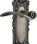 Victorian Plate Privacy Swan Lever Door Handle In Antique Pewter Finish, solid forged brass, mounted on ornate plate, side view.