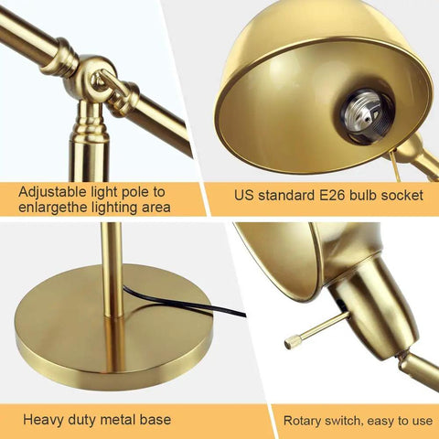 Metal Floor Lamp With Adjustable Swing Arm Reading Light, 9W Brass Task Lamp, detail of gold finish and E26 bulb socket