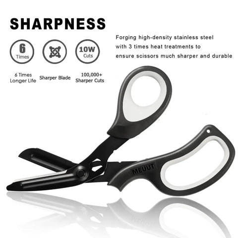 All Purpose 8 Inch Heavy Duty Utility Scissors 3 Pack Built Tough Workhorse With Forged 440 Stainless Steel And Triple Heat Treated Blades, black handle close-up