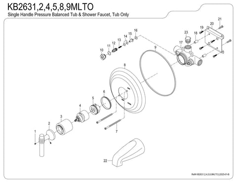 Exploded diagram of Milano Tub And Shower Faucet In Oil Rubbed Bronze Finish With Antique Brass Accents, detailing components and assembly.