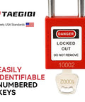 Lockout Tagout Safety Padlocks Set, 10 Red LOTO Locks With Brass Core, Keyed Different, OSHA Compliant For Electrical Lockout Kits close-up view
