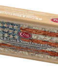Crisp Chrome Vanadium Steel Pocket Knife With Amber Jigged Bone Handles, Spear And Pen Blades, 3 5/8 Inch Closed Length, Stateside Everyday Carry For Weekend Fixes And Trail Side Tasks packaging with American flag design.