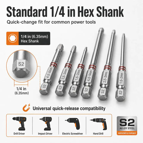 Six-Piece Magnetic Hex Screwdriver Bit Set With Universal Multi-Size Step Design, 1.5-6mm Hex Shanks for Drill and Wrench shown