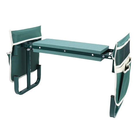 Garden Kneeler Seat Folding Kneeler Bench With Adjustable Height And 2 Tool Pouches For Gardening Camping And Picnics All In One Dual Purpose Kneeling Stool Green, shown folded with pouches visible.