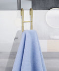 Gold finish Over Door Shower Hooks 304 Stainless Steel Towel Hangers on frameless glass with blue towel, no drill design
