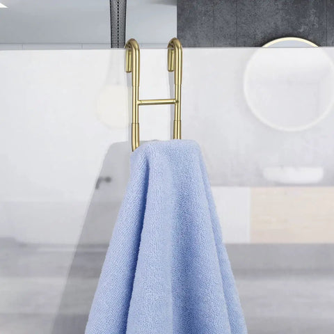 Gold finish Over Door Shower Hooks 304 Stainless Steel Towel Hangers on frameless glass with blue towel, no drill design