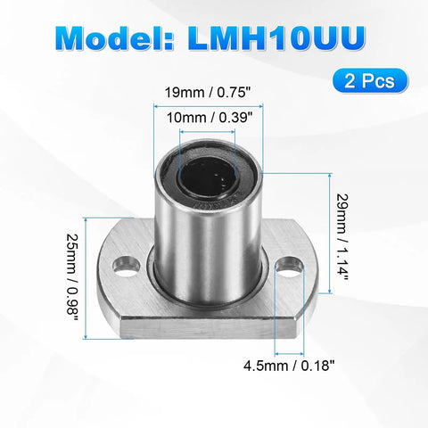 LMH10UU Linear Ball Bearings 10mm Bore, 19mm OD, 25mm Length, front view with dimensions, 2 Pack
