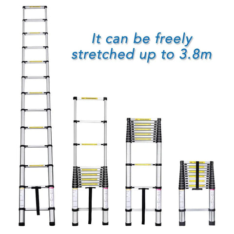 Telescoping Extension Ladder 12 and a Half Ft Aluminum Alloy Lightweight Workhorse for Roofing and Home DIY Outdoor Projects RV Use 330 Lb Capacity Safe Quick Lock Rust Resistant Anodized Finish fully extended and collapsed stages