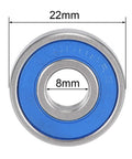 Front view of blue double-sealed S608-2RS deep groove ball bearing, 8x22x7 mm, stainless steel