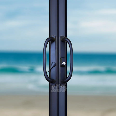 Sliding Glass Patio Door Offset Pull Handle Set With Keys Replacement For 3 15/16 Inch Hole Spacing And 1 1/4 To 2 1/4 Inch Door Thickness, 10 Inch Escutcheon Plate, Four Hole Patterns, Black Finish front view.