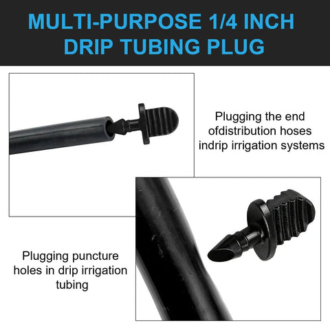 Close-up of a black 50 Pieces Drip Irrigation End Plugs One Fourth Inch Barbed Tubing End Caps Kit for Lawn Garden sealing