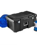 Flex Your Storage Game With Heavy Duty Plastic Footlocker Rolling Bin With Wheels And Handle, Stackable Tote Featuring Secure Latching Lid For Basements Dorms And Shared Spaces, Smooth Operator Hauler Chest In Black with blue sleeping bag and lantern