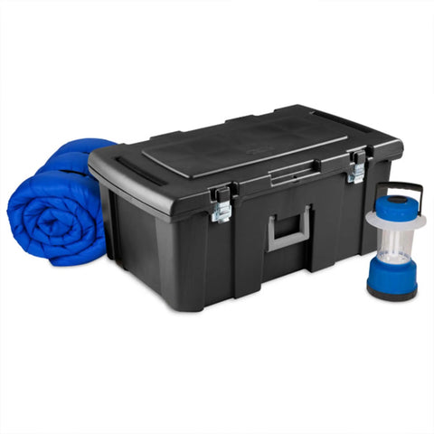 Flex Your Storage Game With Heavy Duty Plastic Footlocker Rolling Bin With Wheels And Handle, Stackable Tote Featuring Secure Latching Lid For Basements Dorms And Shared Spaces, Smooth Operator Hauler Chest In Black with blue sleeping bag and lantern