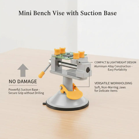Ultimate Mini Bench Vise With Suction Base, Top Notch Aluminum Alloy Clamp Perfect For Jewelry And Electronics Repair, Compact workholding tool with suction base.