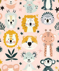 Dead Simple Peel And Stick Wallpaper Pink Safari Jungle Zoo Design Self Adhesive Vinyl Roll with animal faces on a pink background.