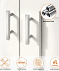 Pack of 10 Satin Nickel Stainless Steel Cabinet Handles with 76mm Hole Centers installed on white kitchen cabinets