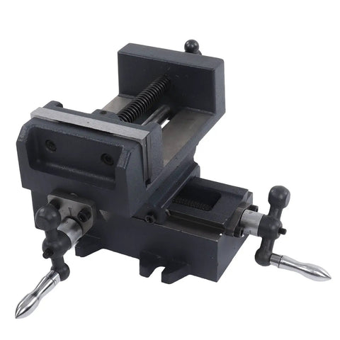 Heavy Duty 4 Inch Slide Drill Press Vise Crafted From Durable Cast Steel With Smooth Handwheels, close-up angle.