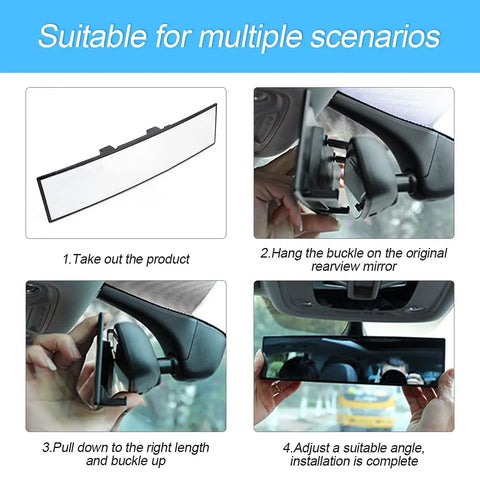 Guide showing how to install 12 Inch Panoramic Rear View Mirror For Cars And SUVs Clip On Interior Mirror With Wide Viewing Range
