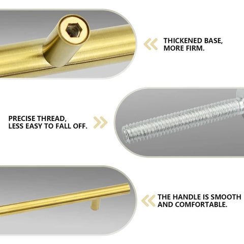 Close-up of 12 Pack 8 Inch Gold Cabinet Pulls with 5 Inch Center Holes Stainless Steel Modern Brushed Finish showing thickened base, precise thread, and smooth handle texture.