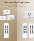 Wireless Remote Control Outlet Kit With 5 Outlets And 2 Remotes, 15 Amp, showing white plug-in outlets and remotes on beige background