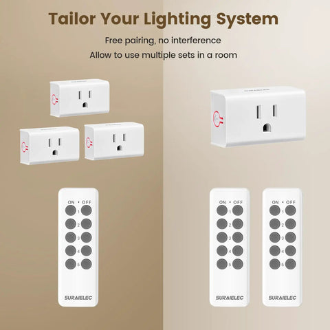 Wireless Remote Control Outlet Kit With 5 Outlets And 2 Remotes, 15 Amp, showing white plug-in outlets and remotes on beige background