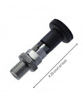 Slick Self Locking Indexing Pin For Serious Engineering Projects Featuring A Rock Solid Fastening Shaft and Precision Plunger Mechanism with Hex Lock Nuts. Silver steel body with black grip knob, 4.25 cm long.