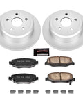 Front view of PowerStop rear brake kit for Jeep Wrangler JK: two coated rotors, ceramic pads, lubricant, and hardware.