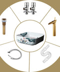 Square Sink Bowls For Bathroom, Ceramic Vessel Sink With Faucet And Drainer Above Counter showcasing sink, faucet, and connectors.