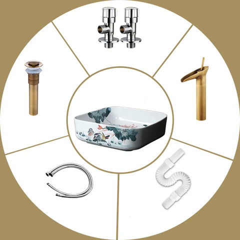 Square Sink Bowls For Bathroom, Ceramic Vessel Sink With Faucet And Drainer Above Counter showcasing sink, faucet, and connectors.