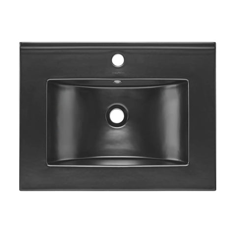 24 Inch Ceramic Vanity Top Matte Black With Top Mount Sink Bowl Single Faucet Hole Scratch Resistant Non Porous Surface