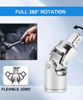 1/4 Inch Drive Extension Bar Set With 2, 4, And 6 Inch Extensions And 1/4 Inch Drive Universal Joint Sockets, flexible joint demonstrated