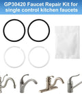 GP30420 O Ring Seal Kit For Kitchen Faucets With Two O Rings Two Bearings And One Lube Repair Kit For Single Control Fairfax Style Faucets Replacement Parts Ideal For Leak Free Kitchen Fixture Repairs, alongside images of compatible faucet models.