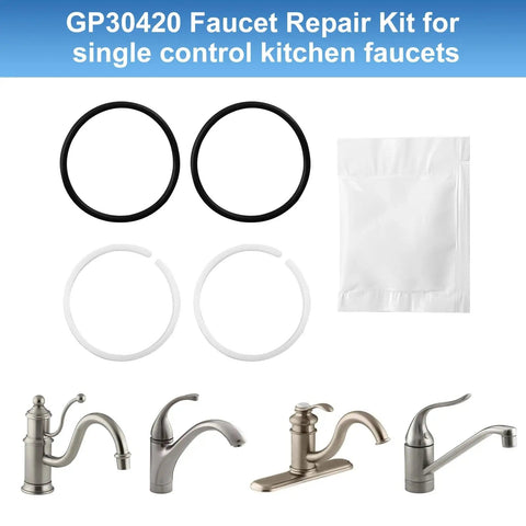 GP30420 O Ring Seal Kit For Kitchen Faucets With Two O Rings Two Bearings And One Lube Repair Kit For Single Control Fairfax Style Faucets Replacement Parts Ideal For Leak Free Kitchen Fixture Repairs, alongside images of compatible faucet models.