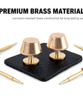 Top Shelf Solid Brass Nailhead Studs With A Killer Gold Shine Featuring No Fuss Flat Head Screw Back Rivets Made For Heavy Duty Leather Handbag Fixes And Smooth Diy Craft Projects That Truly Deliver on black leather, viewed from the side.