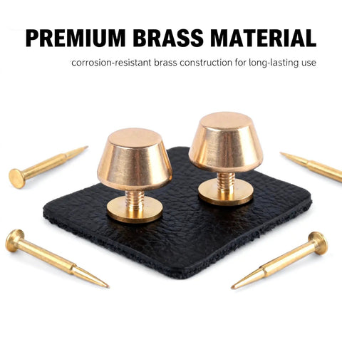 Top Shelf Solid Brass Nailhead Studs With A Killer Gold Shine Featuring No Fuss Flat Head Screw Back Rivets Made For Heavy Duty Leather Handbag Fixes And Smooth Diy Craft Projects That Truly Deliver on black leather, viewed from the side.