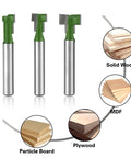 Keyhole Router Bits Set Six Pcs With One Quarter Inch Shank Blade Diameters displayed with wood compatibility