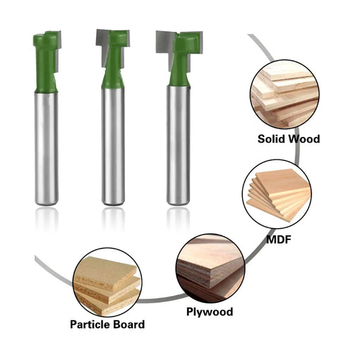 Keyhole Router Bits Set Six Pcs With One Quarter Inch Shank Blade Diameters displayed with wood compatibility