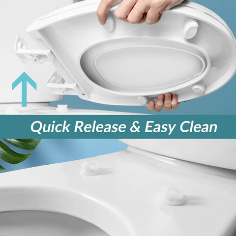No Sweat Soft Close Square Toilet Seat With Built In Toddler Training Contour, Slick Quick Release Hinges For Easy Peasy Cleanup showing quick release mechanism.